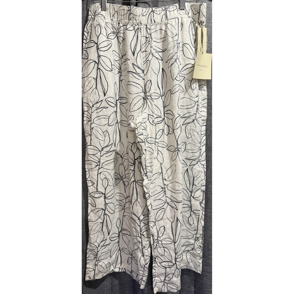 Cynthia Rowley Pure Linen Womans Size L Wide Leg Pants White/Black Comfort Pockt